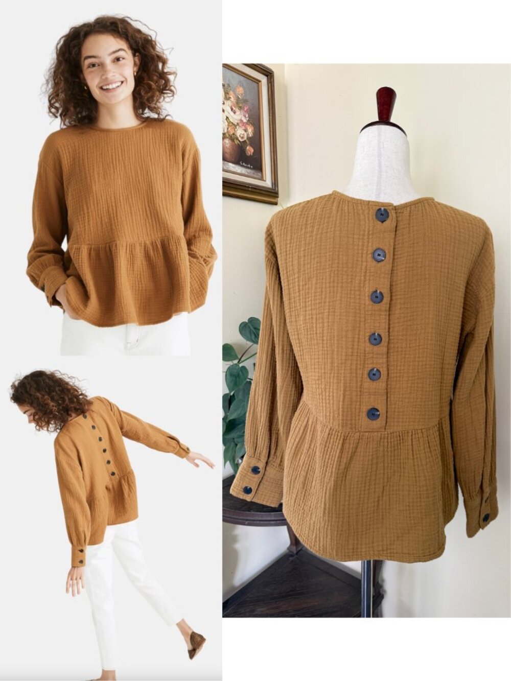 Madewell Lightspun Button-Back Peplum Top sz S Compass Gold